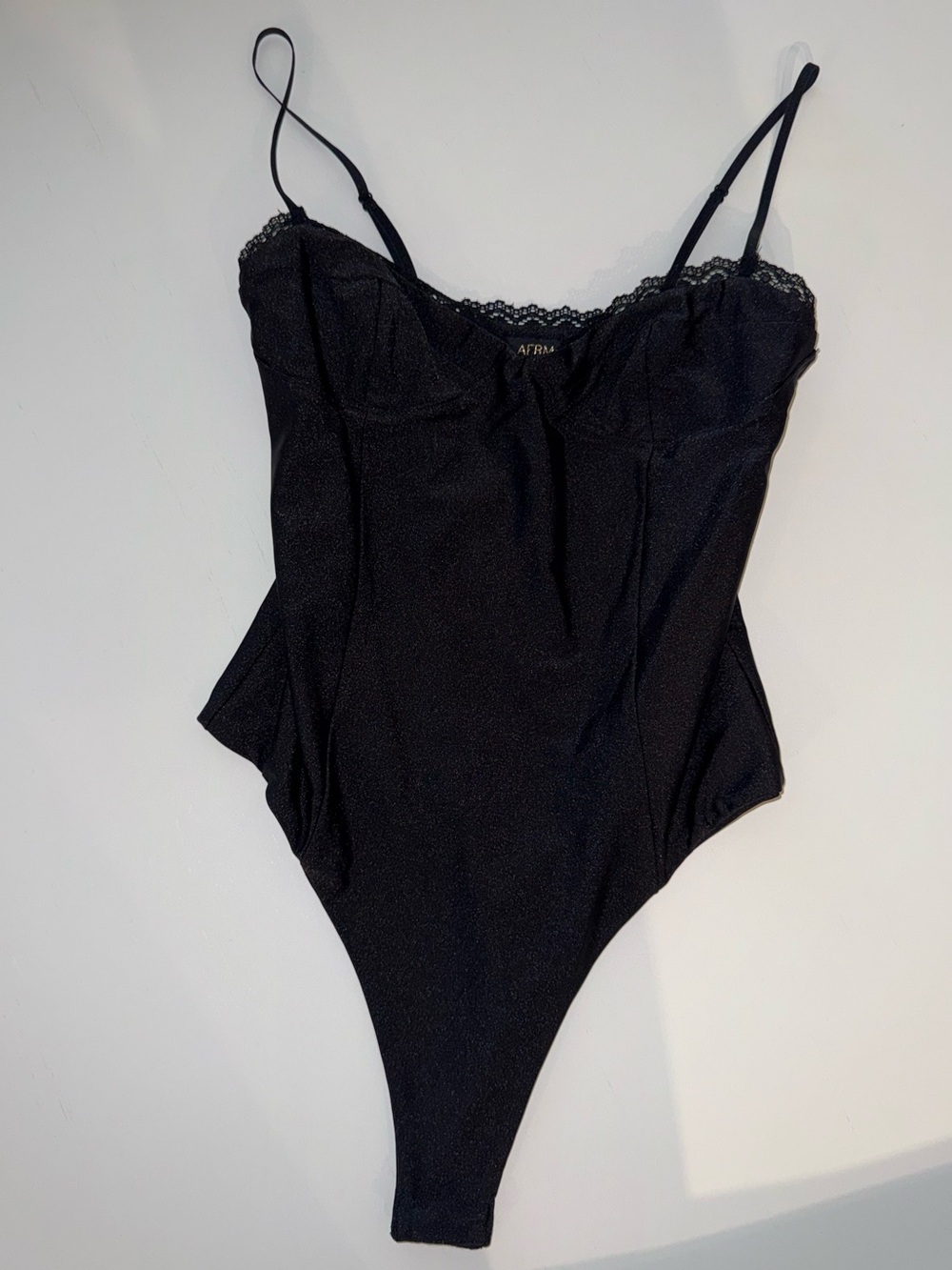 AFRM Black Lace-Trim Thong Bodysuit